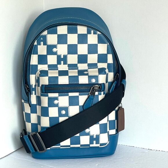 Coach West Pack Sling Bag Checker Blue Canvas Leather Sling Backpack CR294 - Picture 10 of 10